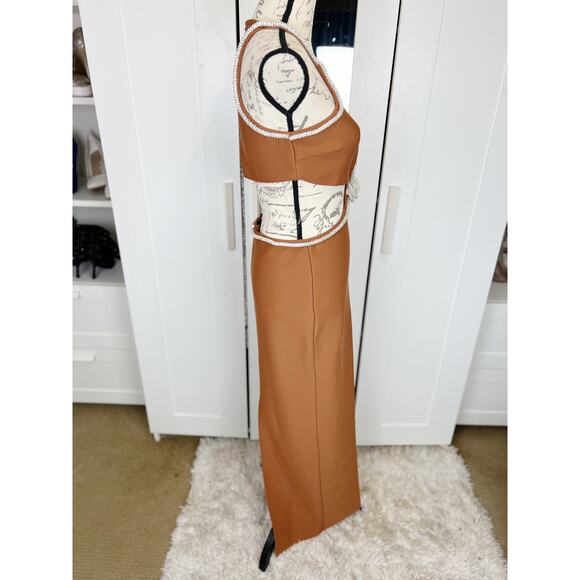 Fashion Nova Luxe NWT Knotty Embellished Bodycon Maxi Dress Cognac Brown Size L - Picture 9 of 14